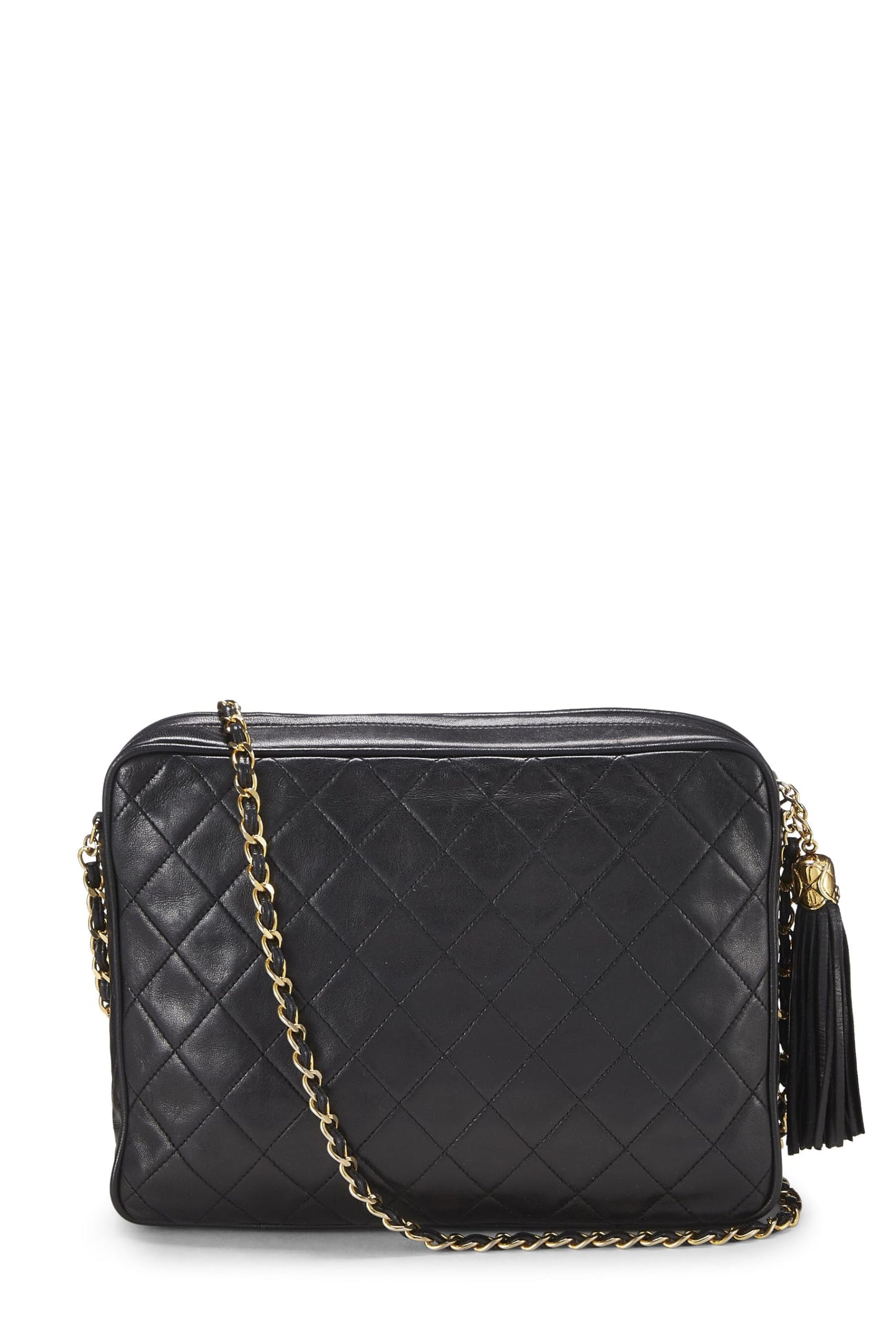 Chanel, Bolso grande para cámara con bolsillo acolchado en piel de cordero negra Pre-Loved, Negro