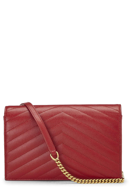 Yves Saint Laurent, Cartera con cadena tipo sobre de piel de becerro granulada roja Pre-Loved (WOC), Rojo