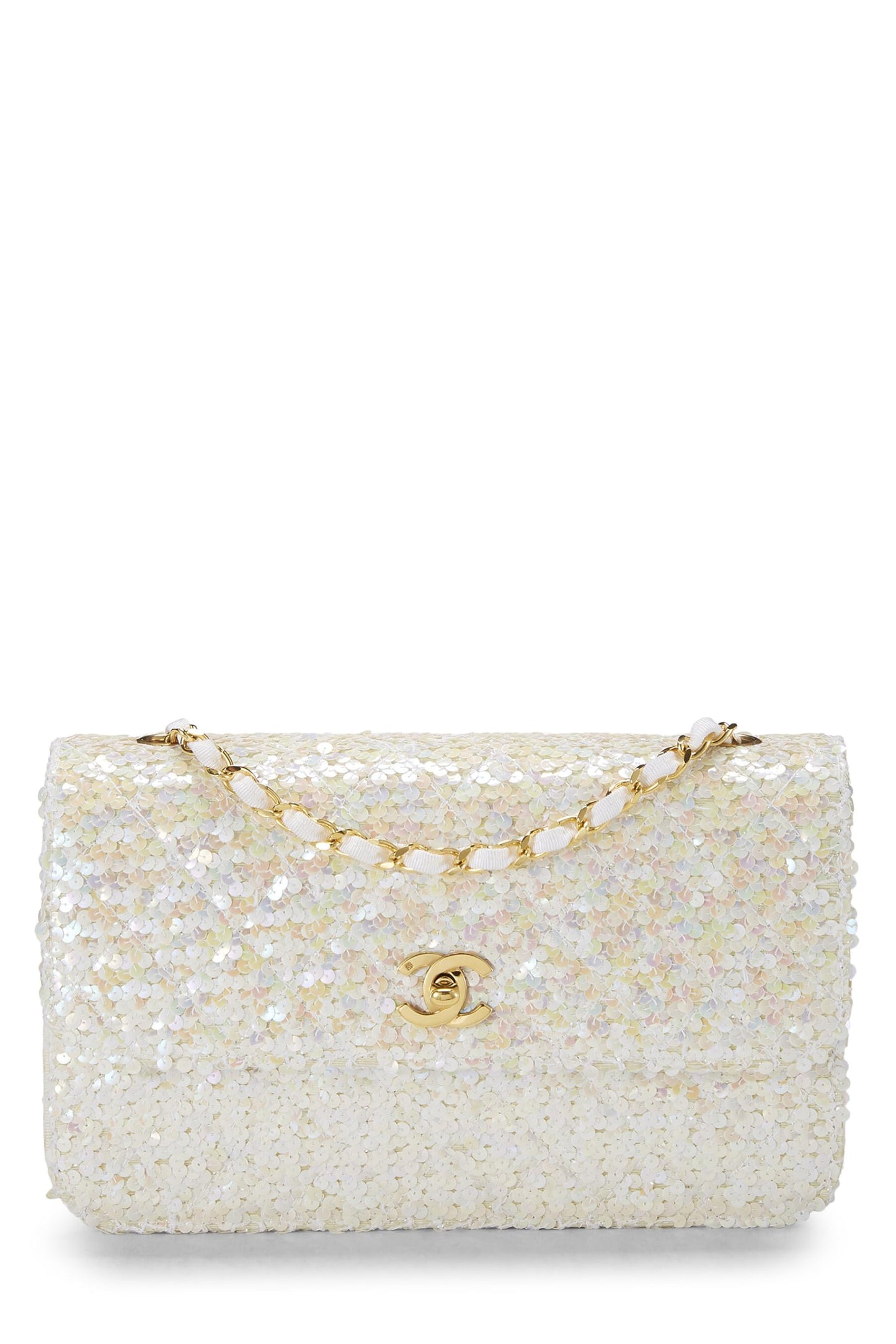 Chanel, sac à rabat demi-taille à sequins blancs d'occasion, taille moyenne, blanc