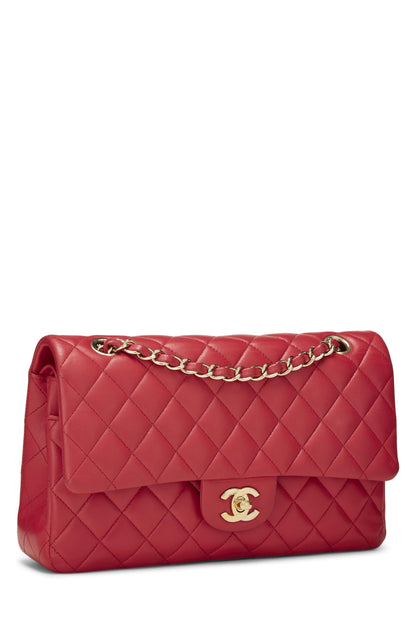 Chanel, sac à main classique à double rabat en cuir d'agneau matelassé rose d'occasion, taille M, rose