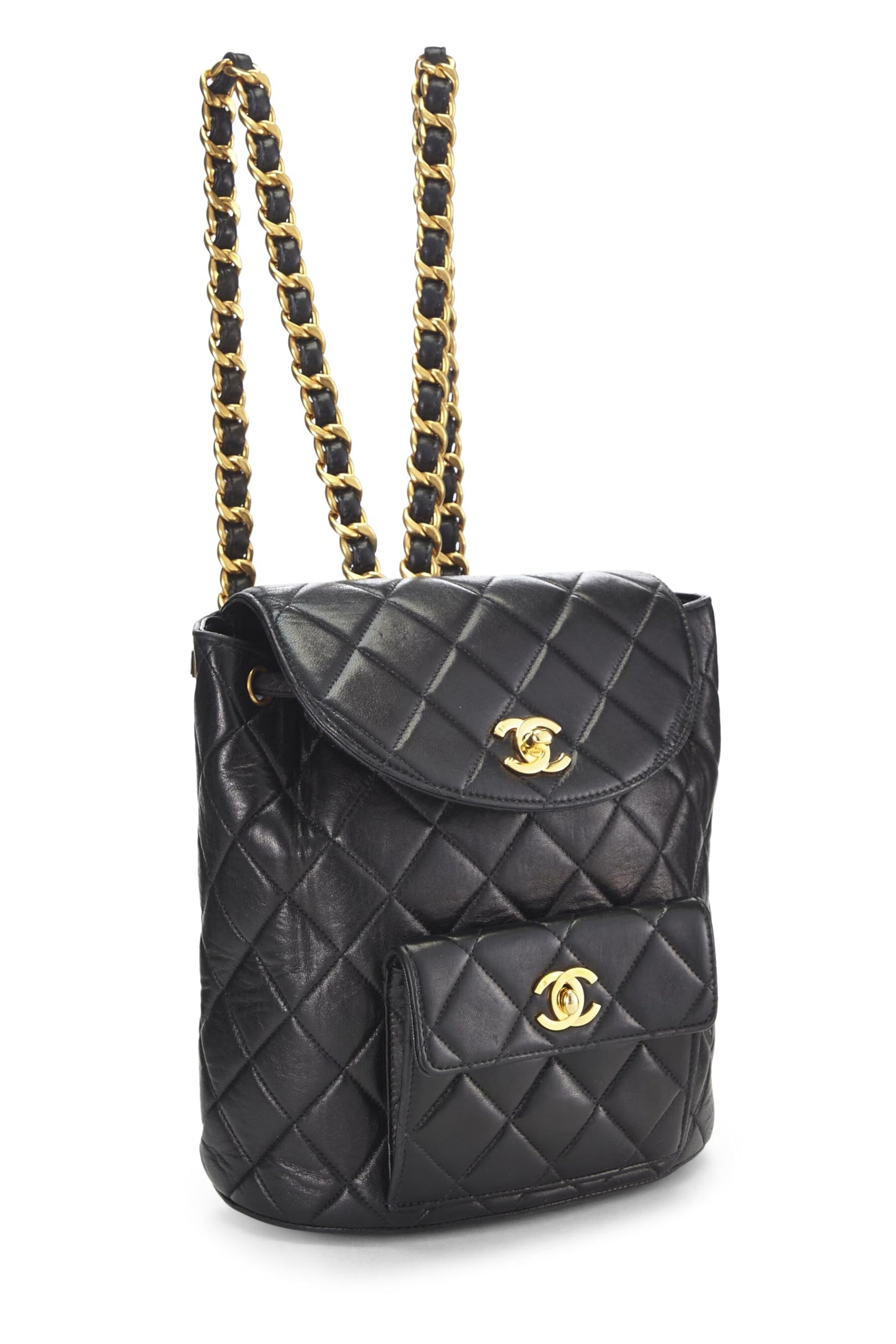 Chanel, sac à dos classique en cuir d'agneau matelassé noir d'occasion, noir