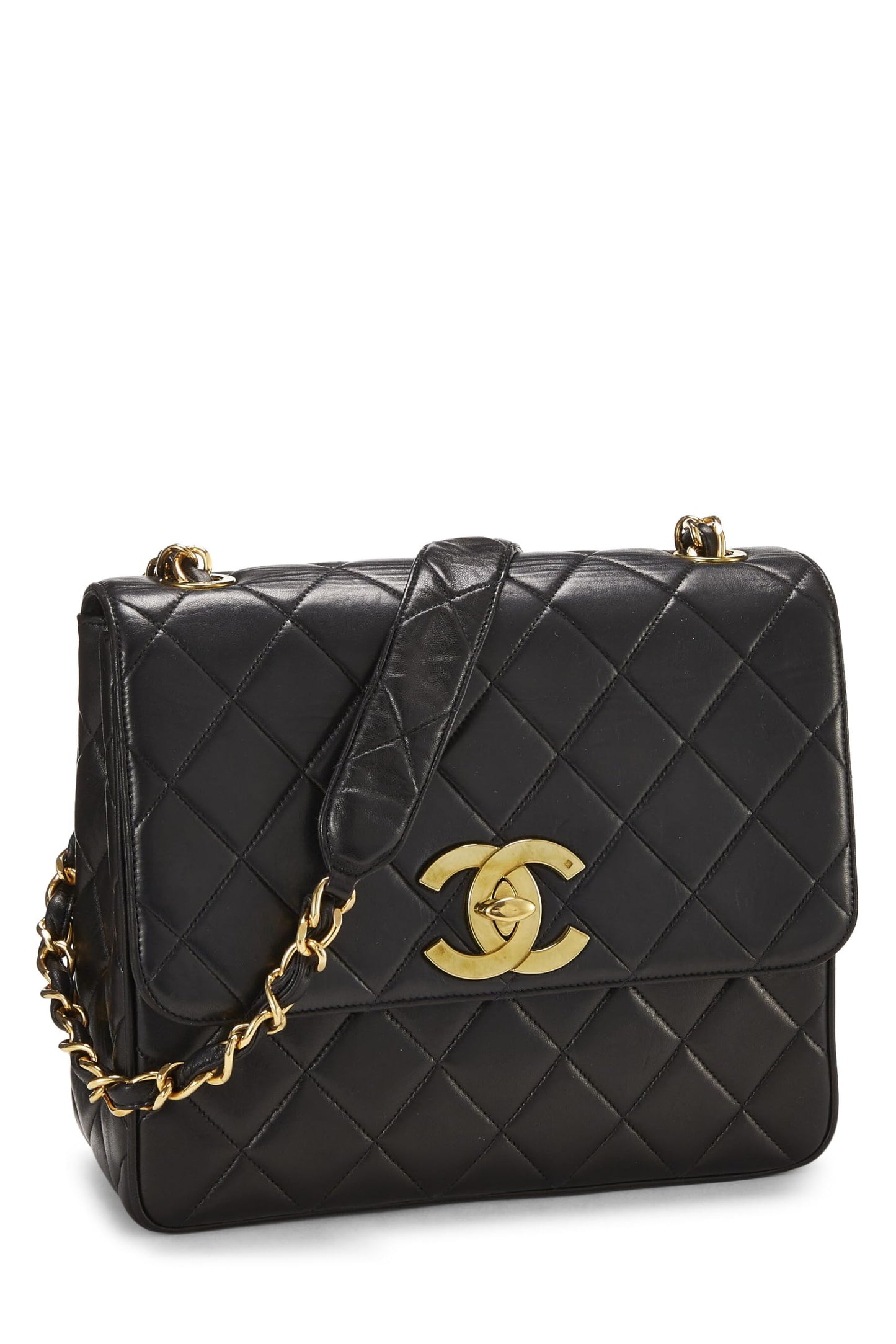 Chanel, Grand sac à rabat carré « CC » en cuir d'agneau noir d'occasion, noir