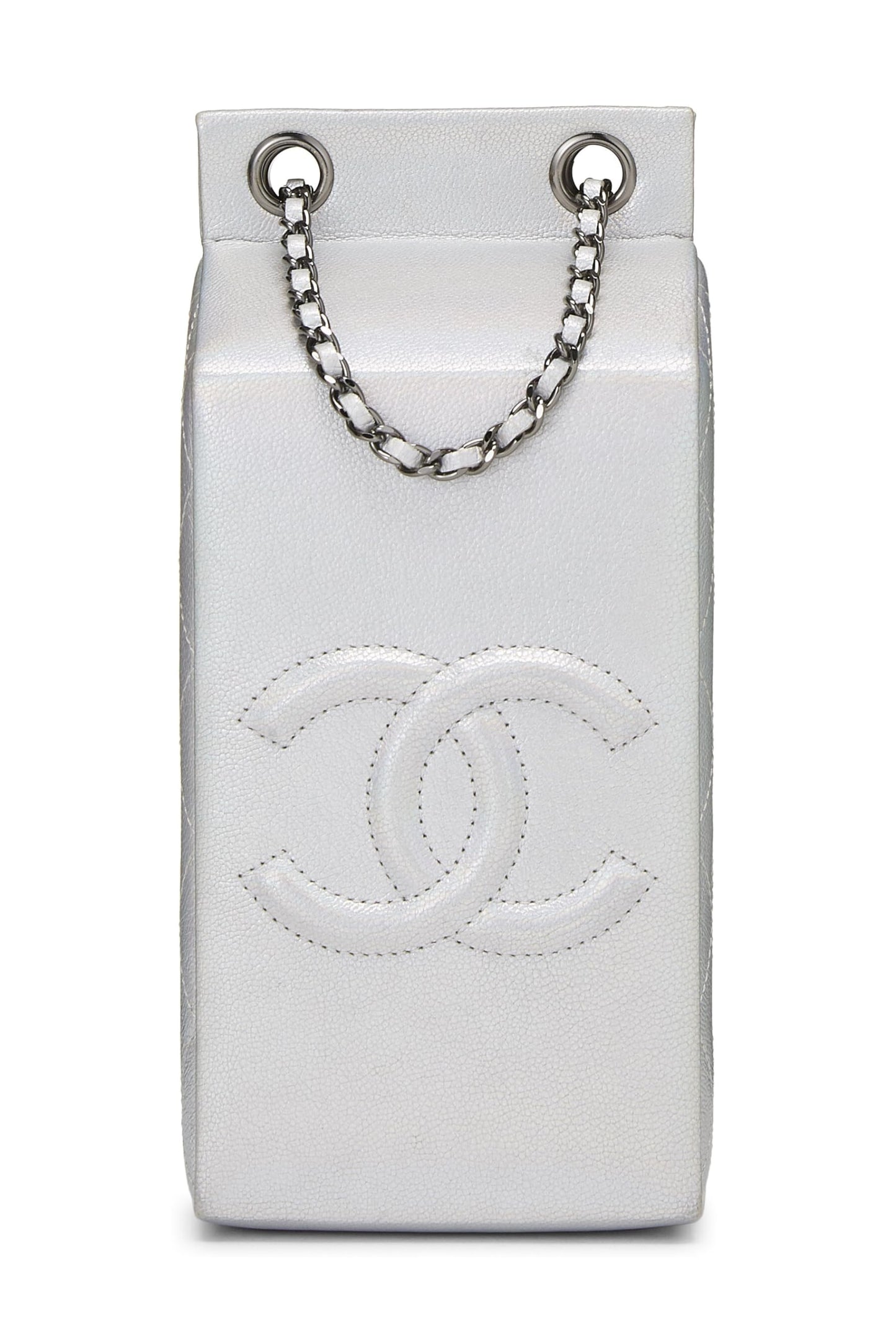 Chanel, sac en carton de lait de coco en cuir métallisé argenté d'occasion, argent