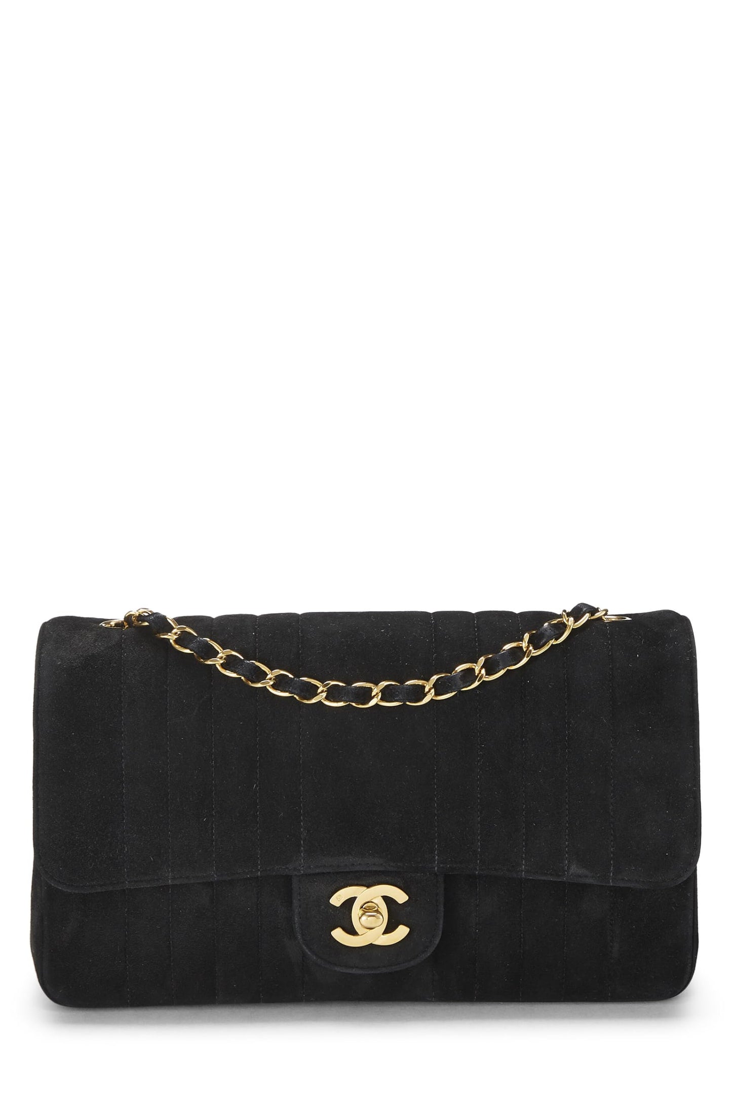 Chanel, sac à rabat vertical moyen en daim noir d'occasion, noir