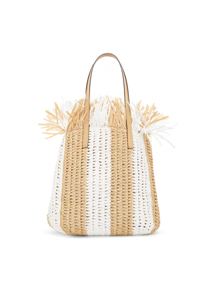 Oscar de la Renta, Medium Striped Raffia Crochet Square Tote, Natural White