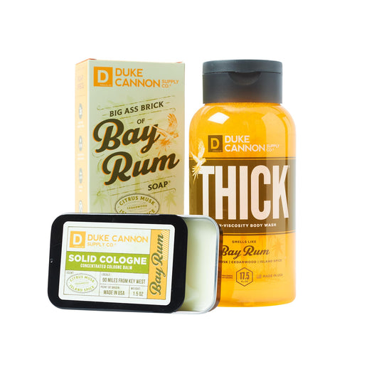 Paquete de ron Bay Bender para hombre de Duke Cannon Supply Co. (aroma a almizcle cítrico, madera de cedro y especias isleñas): incluye gel de baño GRUESO de alta viscosidad, una gran barra de jabón y colonia sólida (juego de 3 piezas)