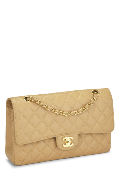 Chanel, sac à rabat double classique matelassé beige caviar d'occasion, taille M, beige