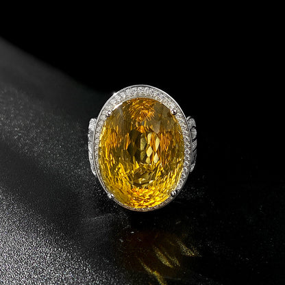 Light And Extravagant Wind Jewelry Large Denier Natural Citrine Ring S925 Silver Set Crystal