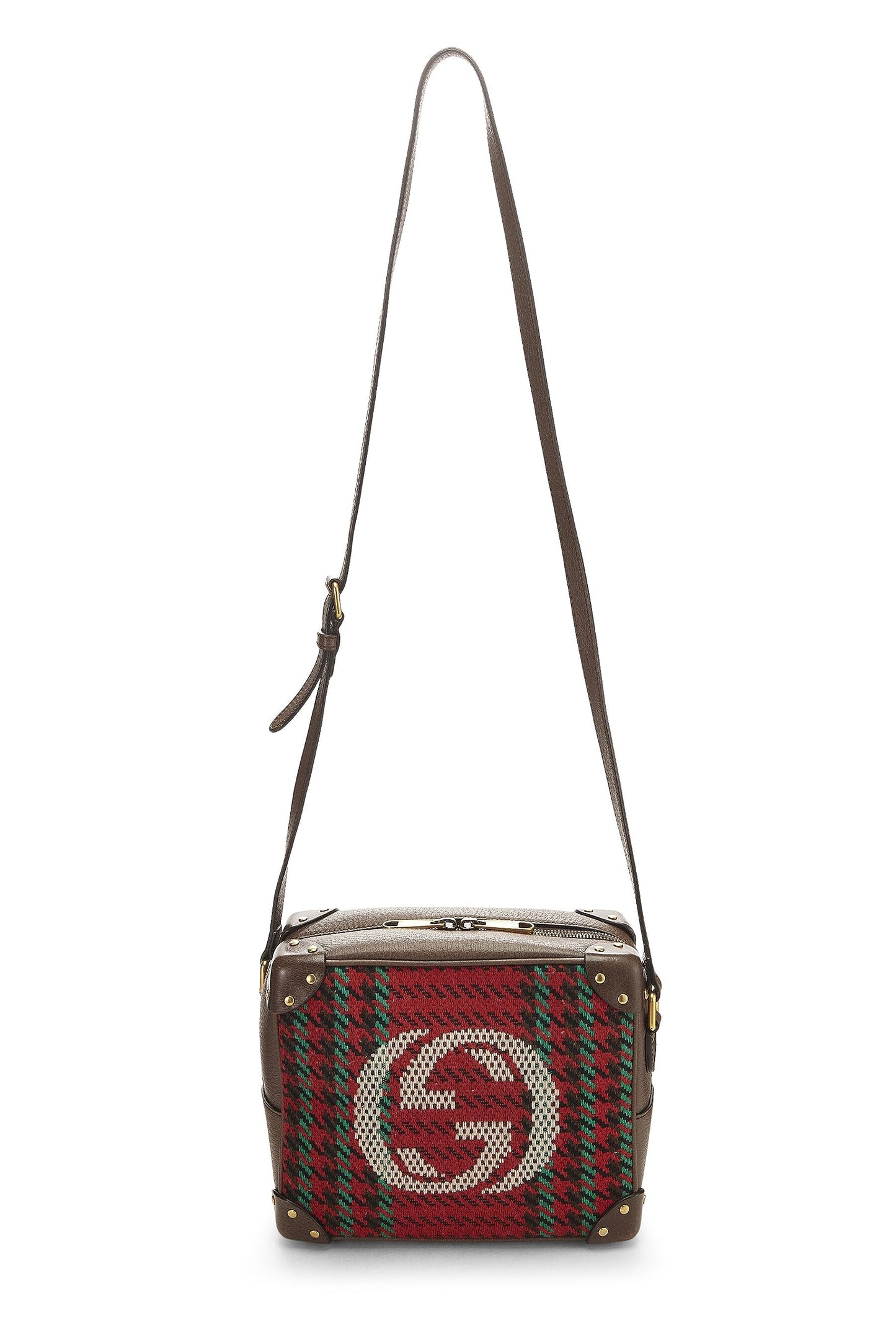 Gucci, Pre-Loved Multicolor Wool & Leather Houndstooth 'GG' Crossbody, Brown