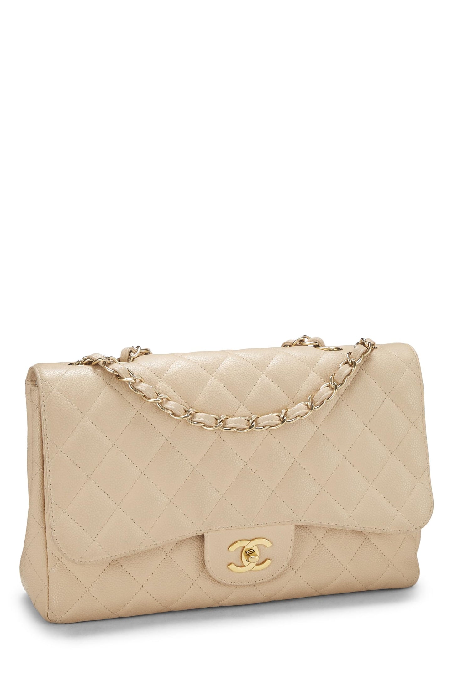 Chanel, sac à rabat jumbo matelassé beige caviar neuf classique d'occasion, beige