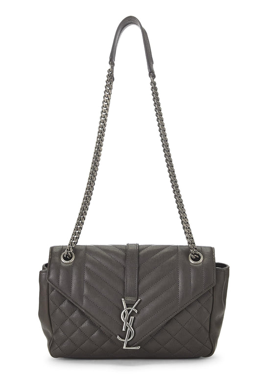 Yves Saint Laurent, Pre-Loved Grey Quilted Leather Envelope Flap Shoulder Bag Small, Grey