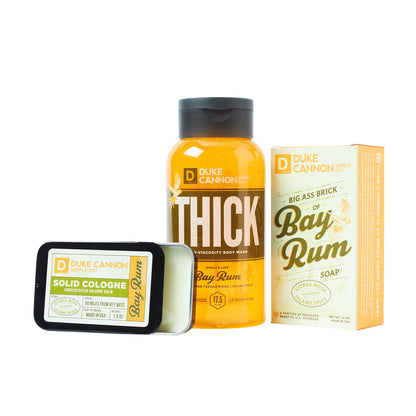 Duke Cannon Supply Co. Bay Rum Bender Bundle for Men (Citrus Musk, Cedarwood, Island Spice Scent) - Featuring THICK High-Viscosity Body Wash, Big Brick of Soap Bar & Solid Cologne (3 Piece Set)