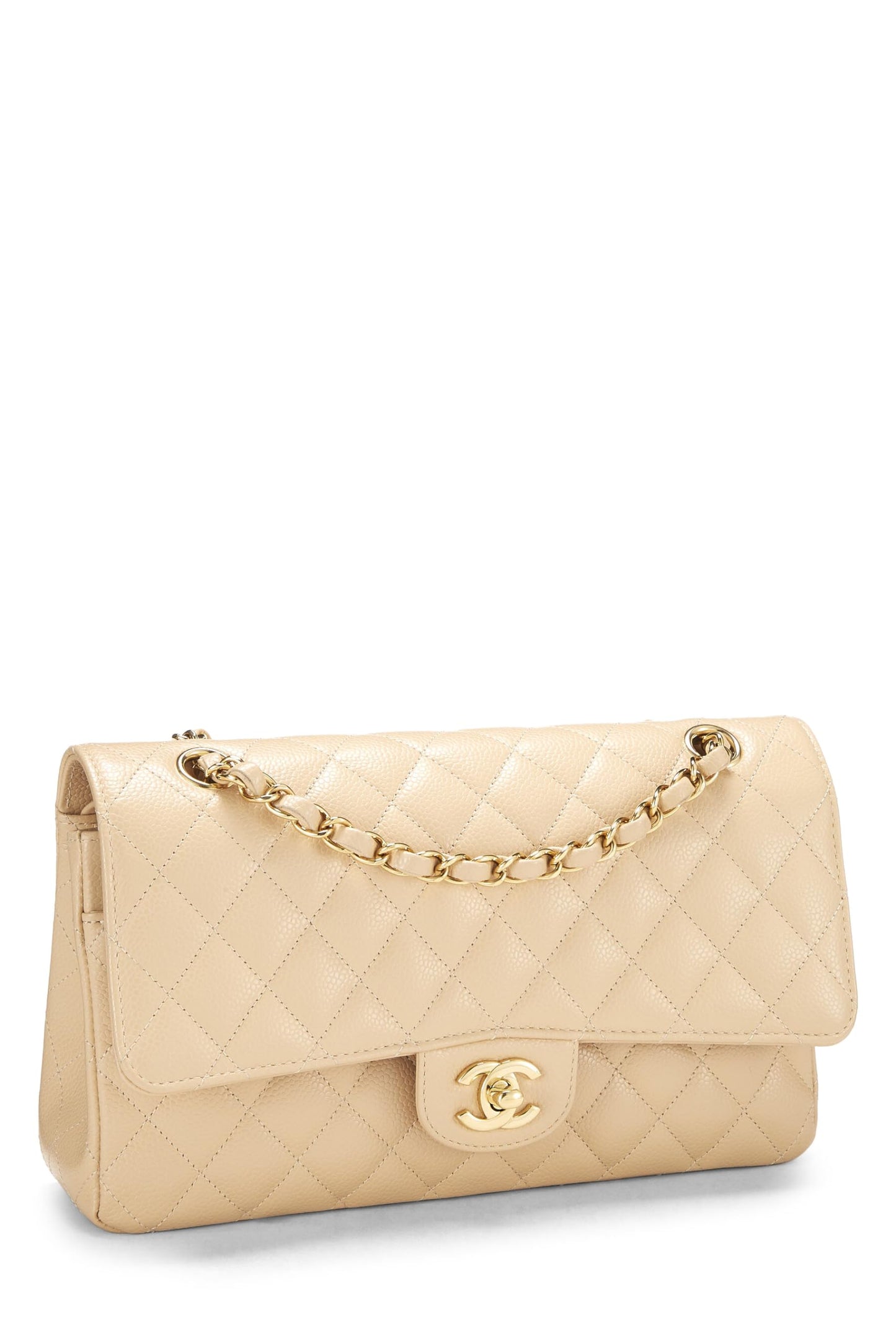 Chanel, sac à rabat double classique matelassé beige caviar d'occasion, taille M, beige