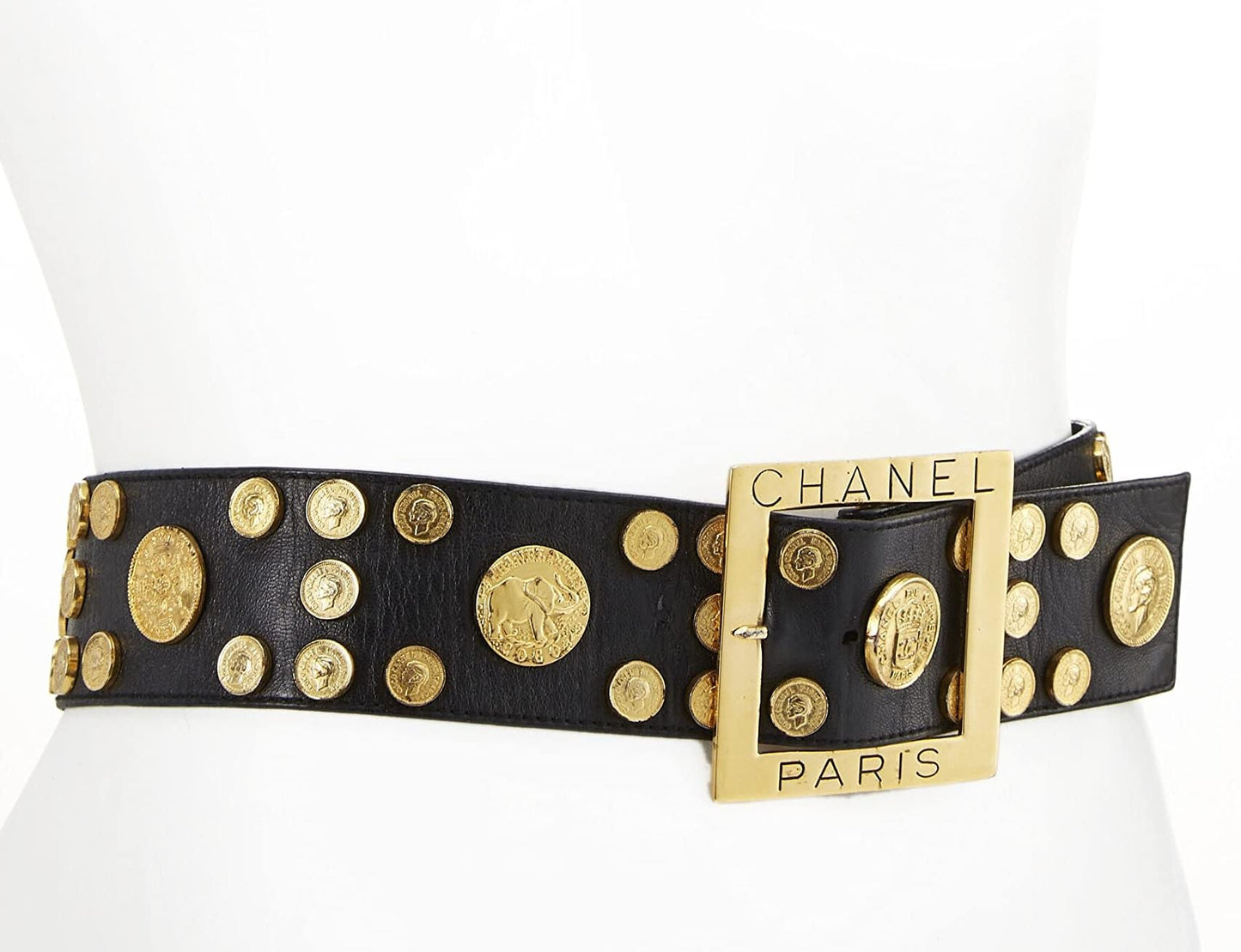 Chanel, Ceinture en cuir ornée de pièces noires d'occasion 70, Noir