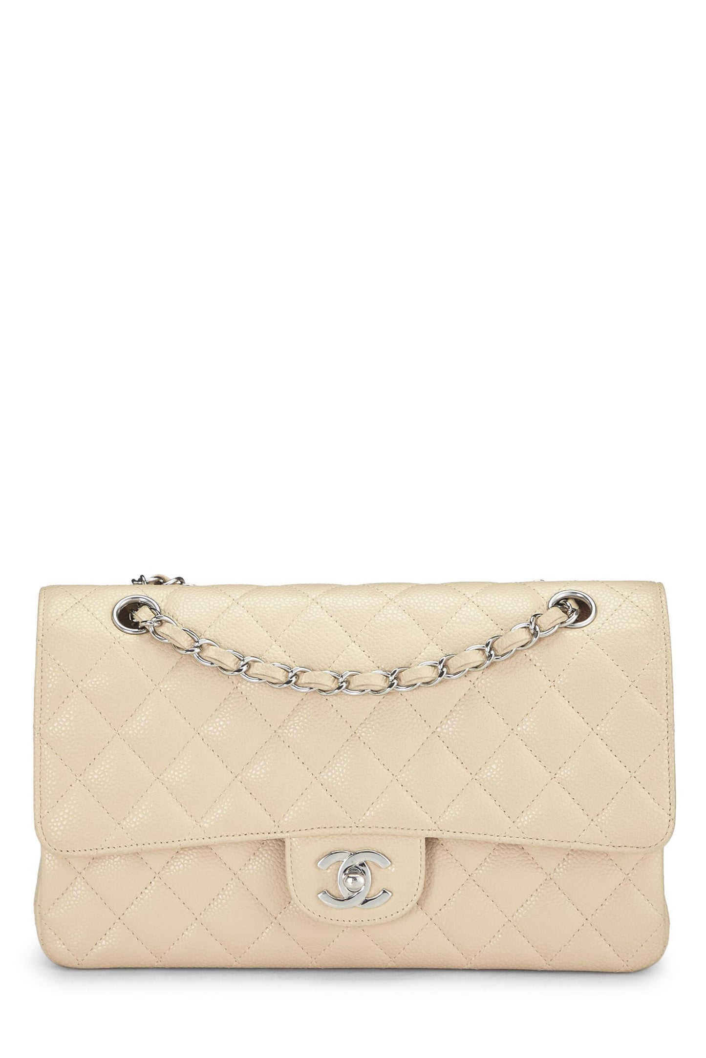 Chanel, sac à rabat double classique matelassé beige caviar d'occasion, taille M, beige