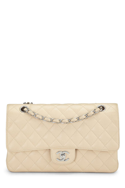 Chanel, sac à rabat double classique matelassé beige caviar d'occasion, taille M, beige