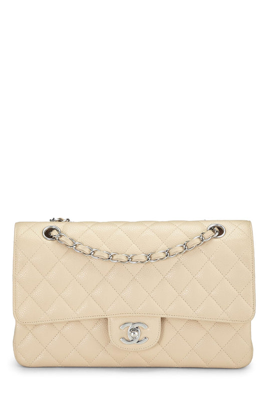 Chanel, sac à rabat double classique matelassé beige caviar d'occasion, taille M, beige