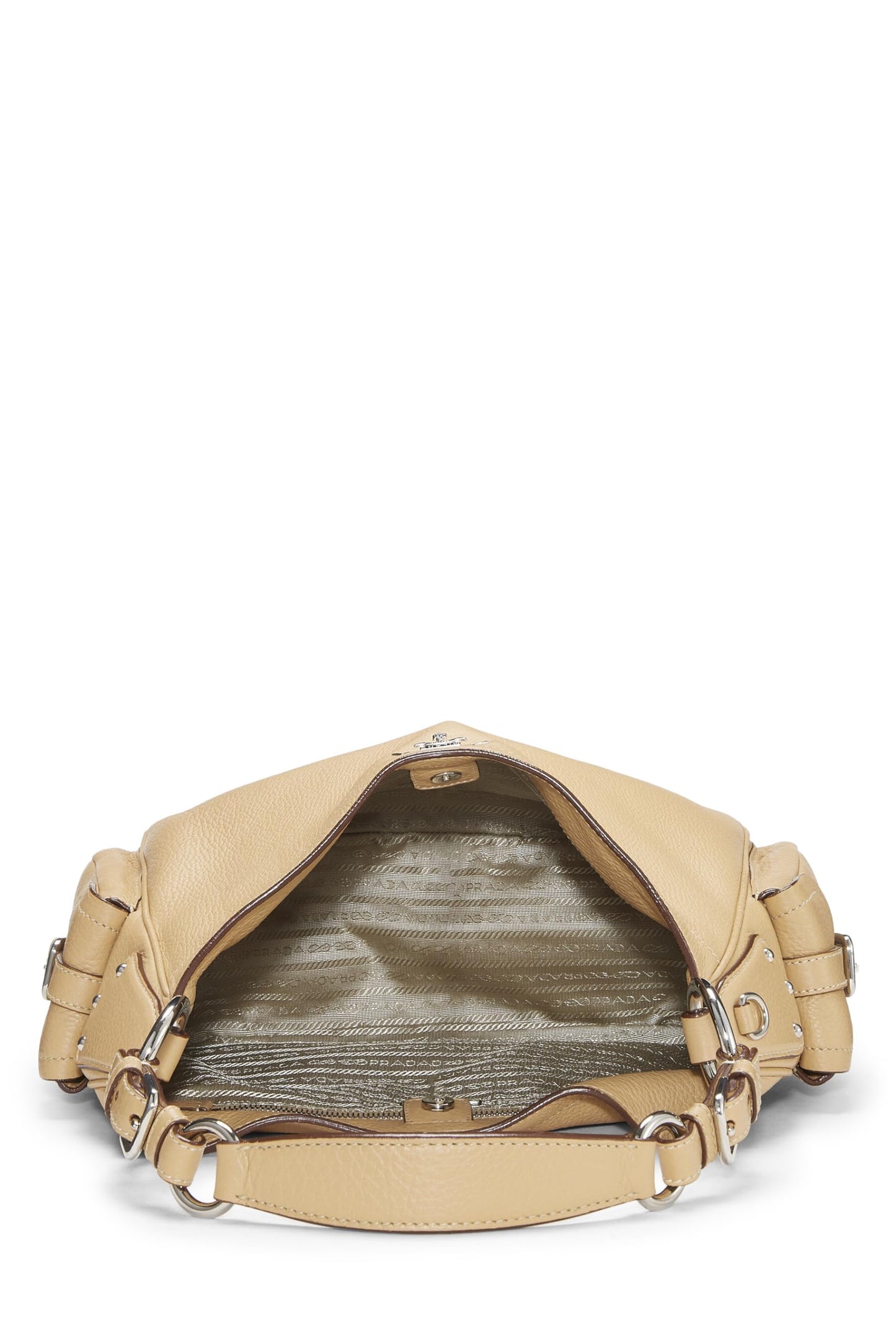 Prada, Hobo à poche latérale Vitello Daino beige pré-aimé, Beige