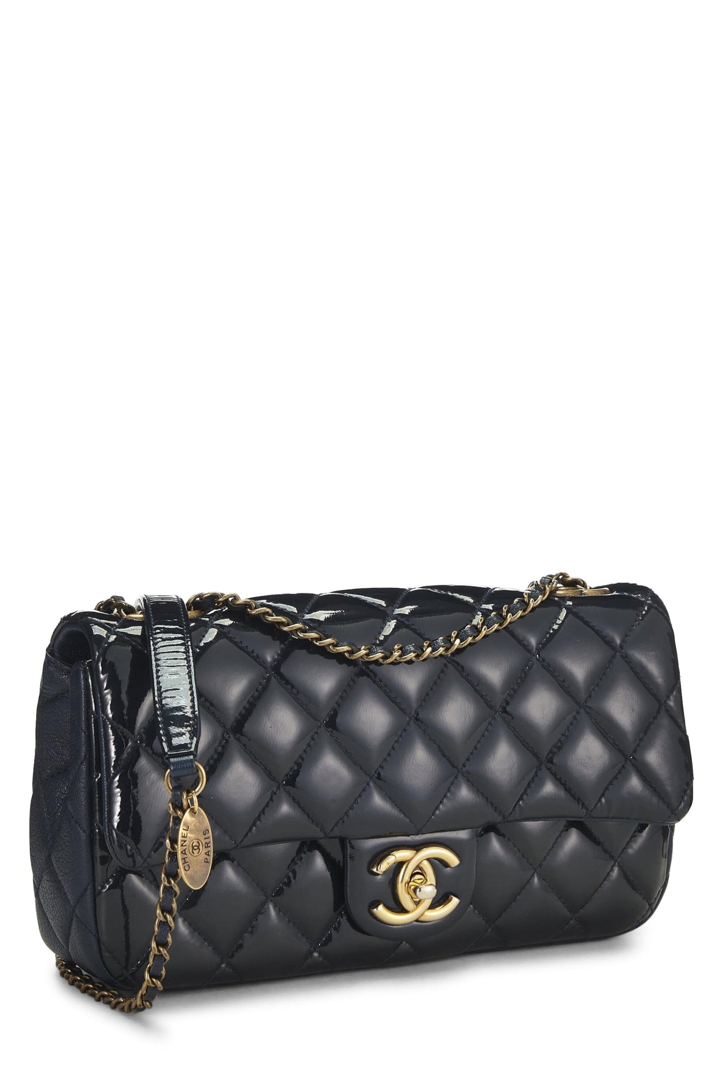 Chanel, Pre-Loved Navy Quilted Patent Leather 'CC' Eyelet Flap Medium, Navy