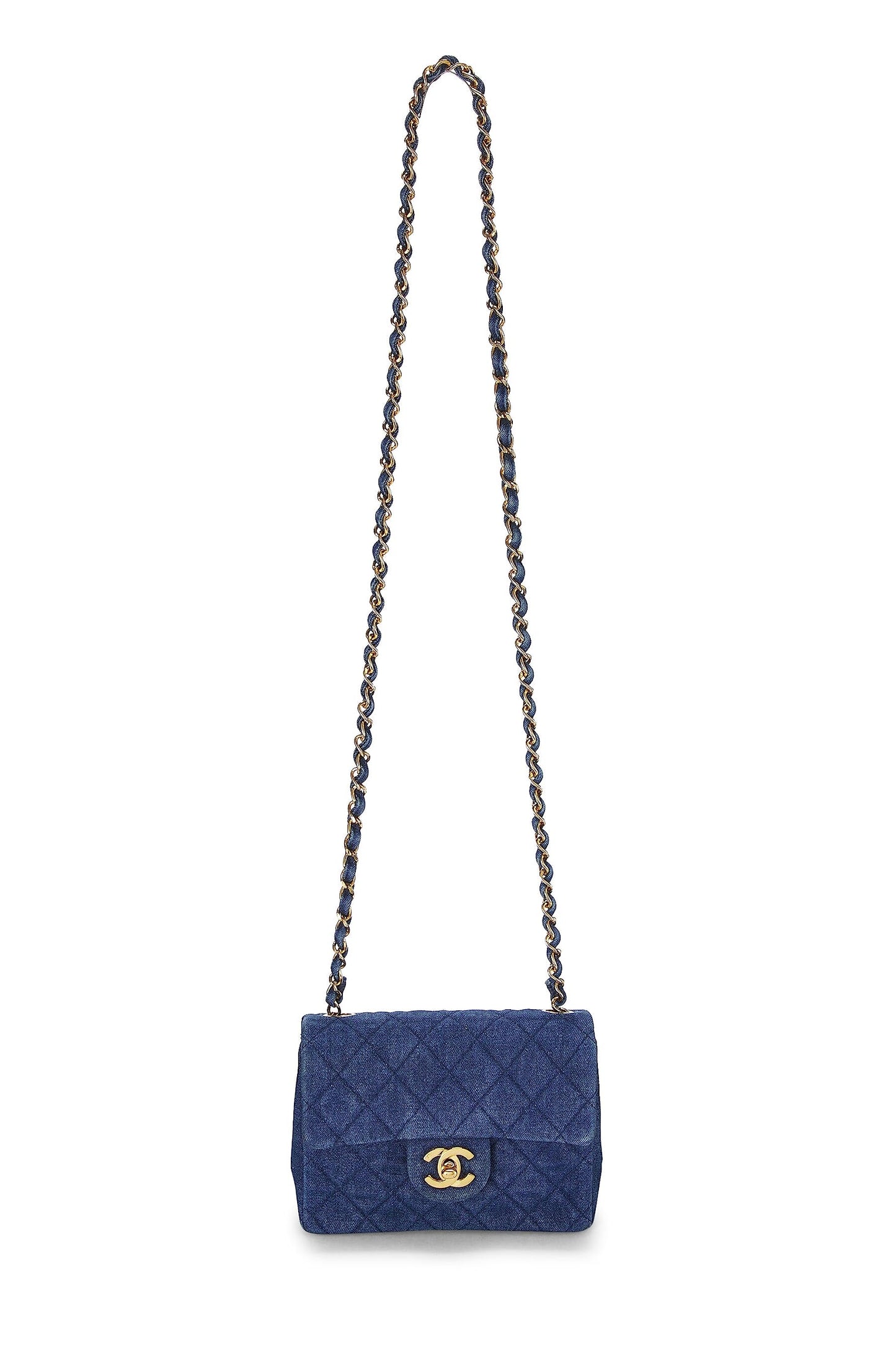 Chanel, Mini sac à rabat en denim bleu d'occasion, bleu