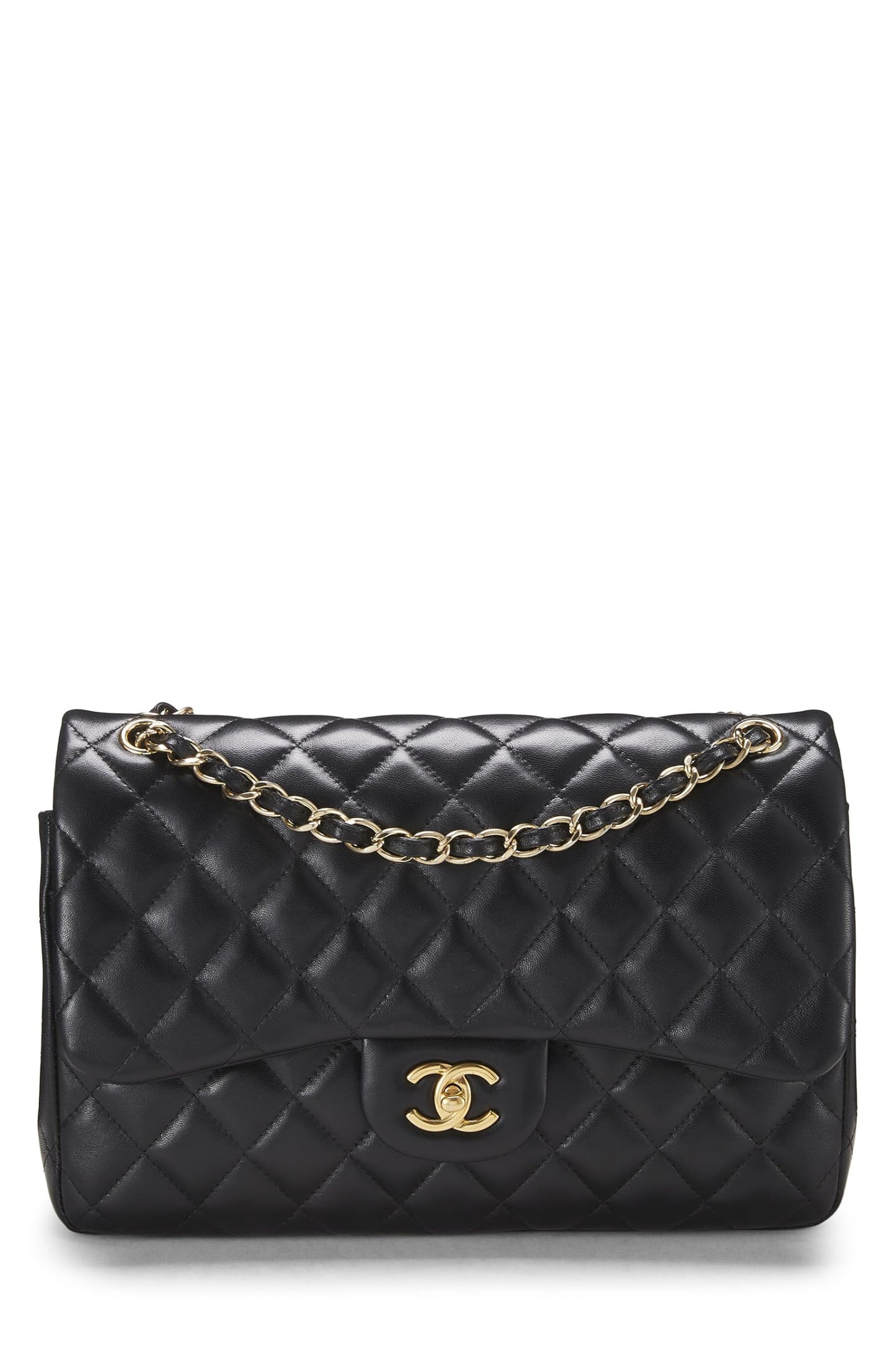 Chanel, sac à main jumbo à double rabat en cuir d'agneau matelassé noir d'occasion, noir