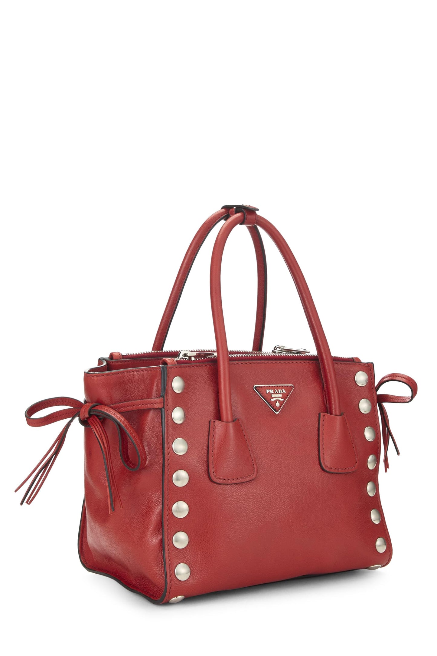 Prada, Bolso tote con dos bolsillos y tachuelas de piel de becerro roja Pre-Loved, Rojo