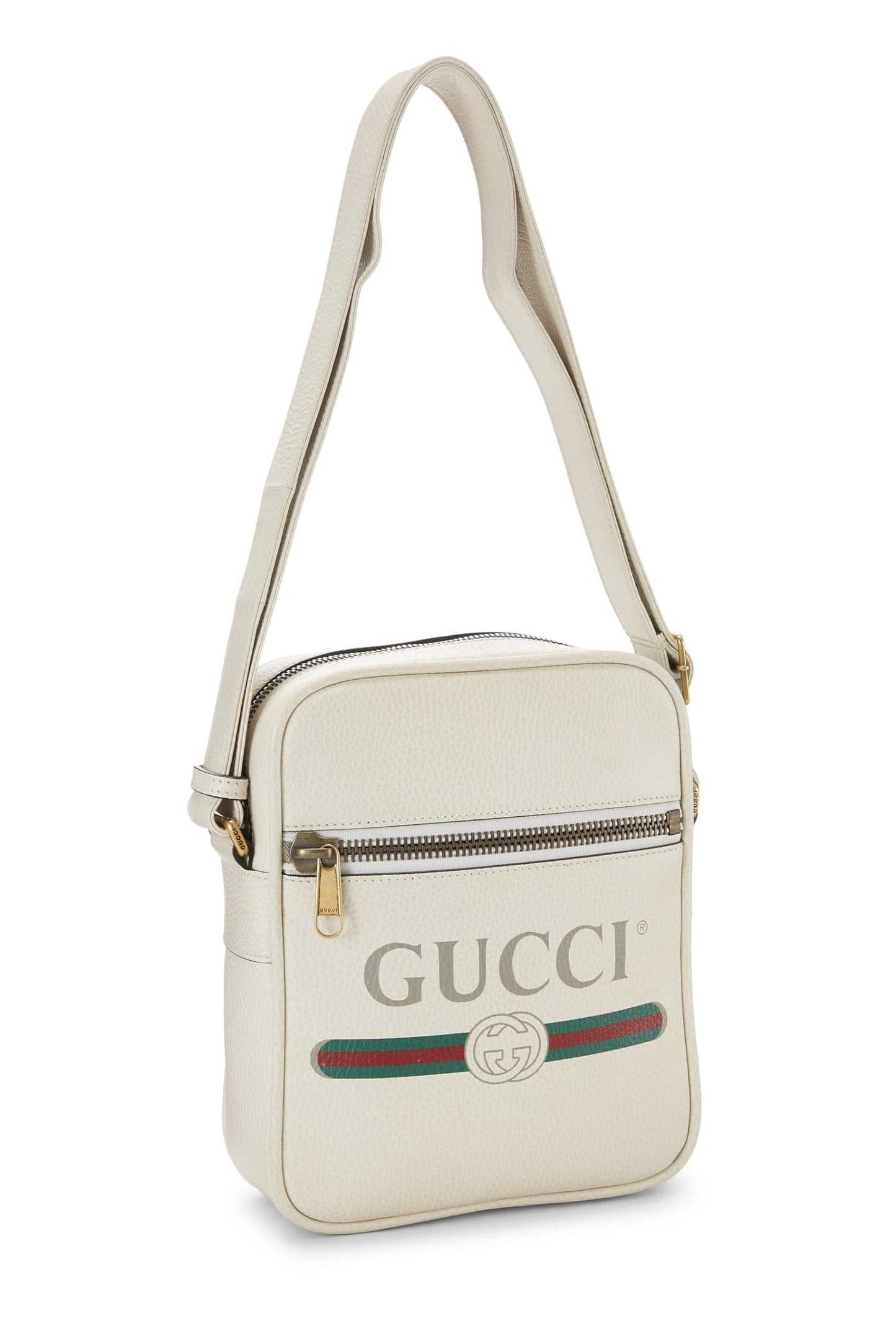 Gucci, Bolso pequeño para cámara vertical de cuero con estampado de logo blanco Pre-Loved, Blanco