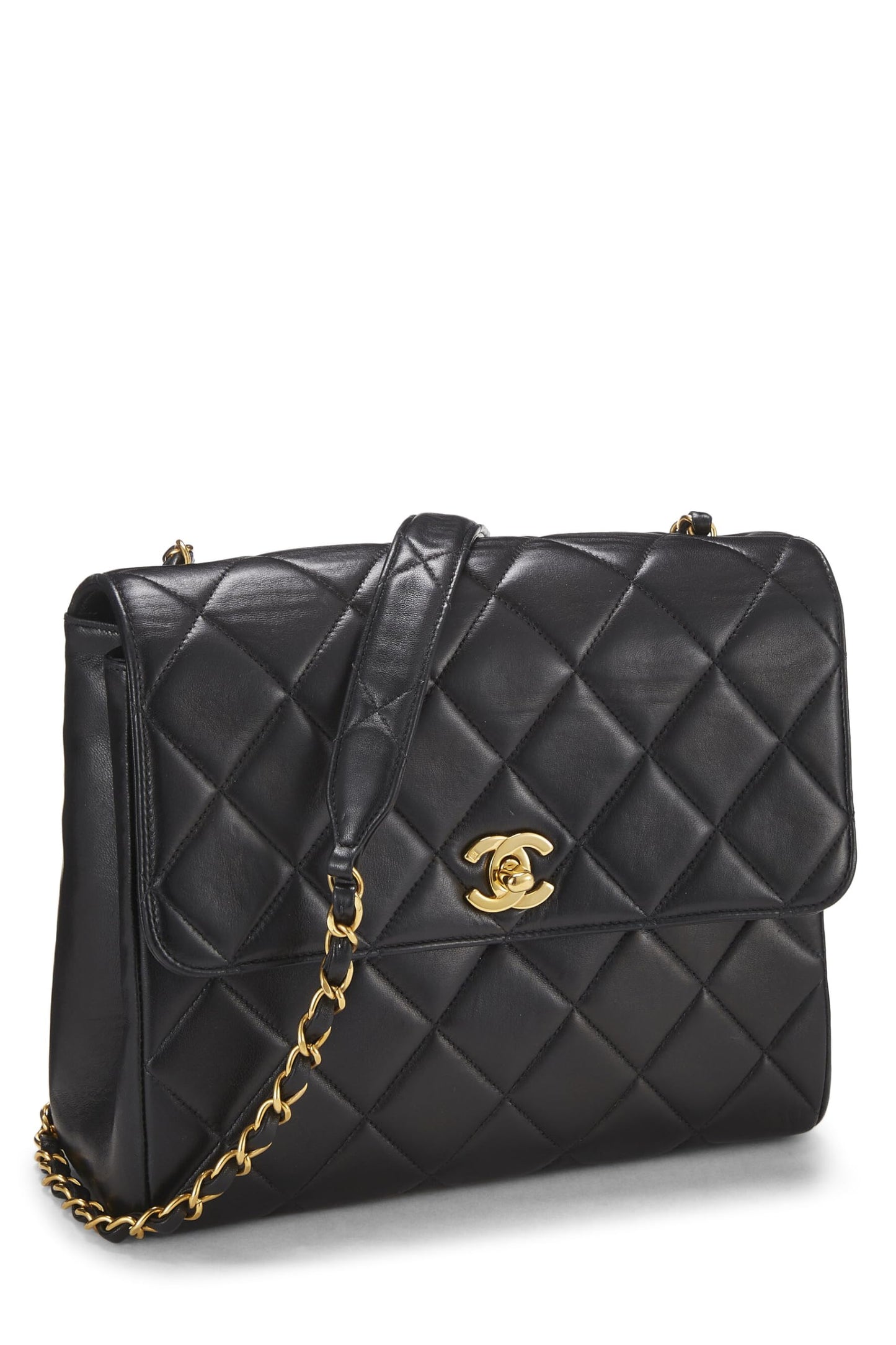 Chanel, Bolso de hombro cuadrado 'CC' de piel de cordero acolchado negro Pre-Loved, Negro