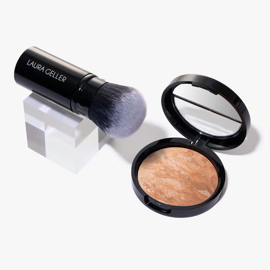 Base correctora iluminadora de color Baked Balance-N-Glow de LAURA GELLER NEW YORK - Claro - Brocha Kabuki retráctil para aerógrafo (2 uds.)