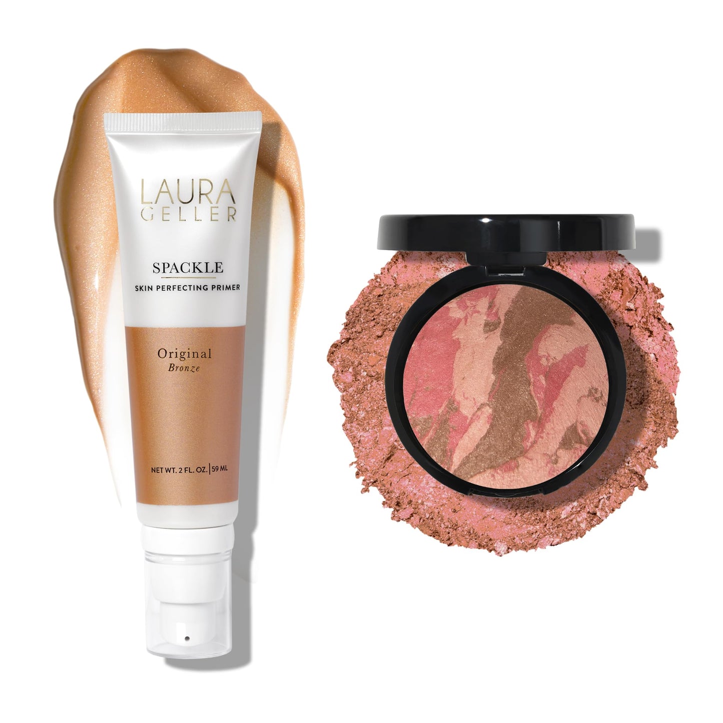 LAURA GELLER NEW YORK Rubor bronceador 2 en 1 Baked Blush-n-Bronze, Tropical Bronze + Prebase de maquillaje perfeccionadora de la piel Spackle, Bronze