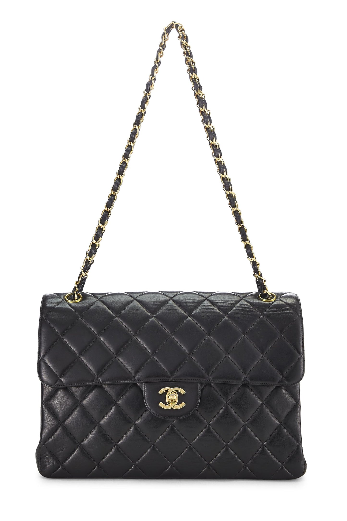 Chanel, sac à rabat classique double face en cuir d'agneau matelassé noir d'occasion, Jumbo, noir