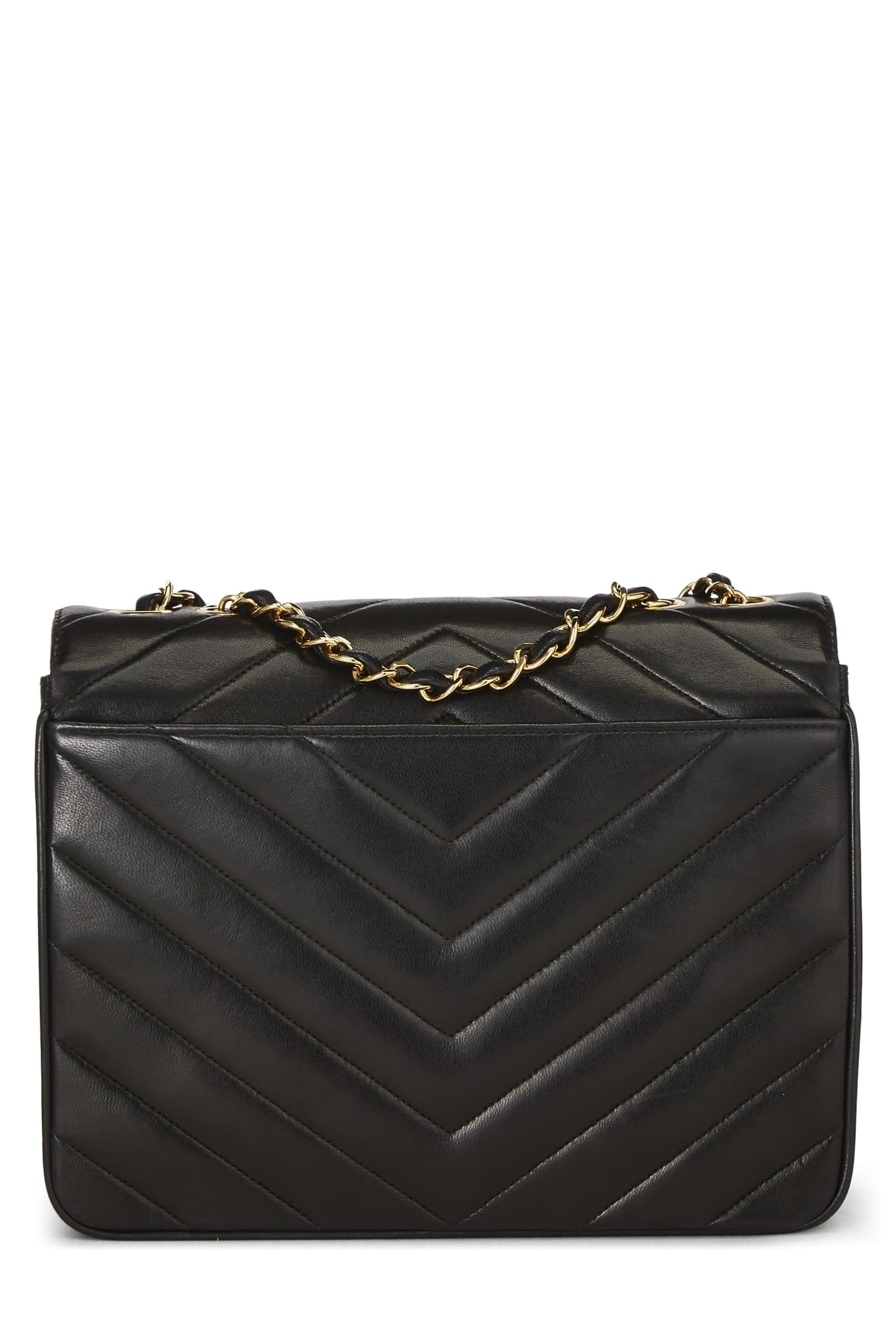 Chanel, Sobre pequeño con solapa de piel de cordero con chevron negro Pre-Loved, Negro