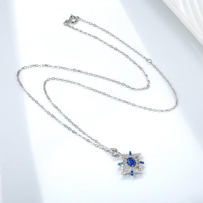 S925 Silver Set Natural Sapphire Necklace Female Hollow Diamond Pendant