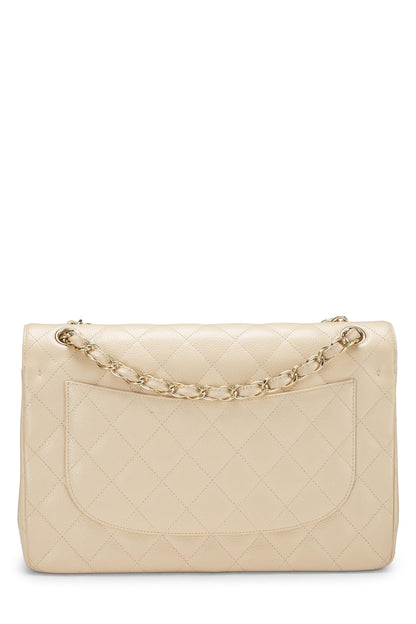 Chanel, Pre-Loved Beige Quilted Caviar New Classic Double Flap Jumbo, Beige