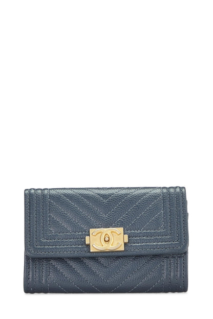 Chanel, Pre-Loved Blue Caviar Chevron Boy Coin Purse, Blue