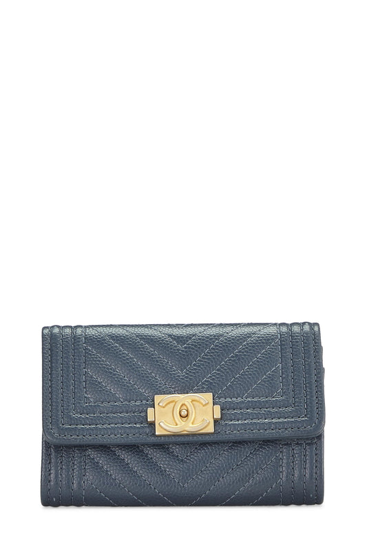 Chanel, porte-monnaie bleu caviar à chevrons pour garçon, d'occasion, bleu