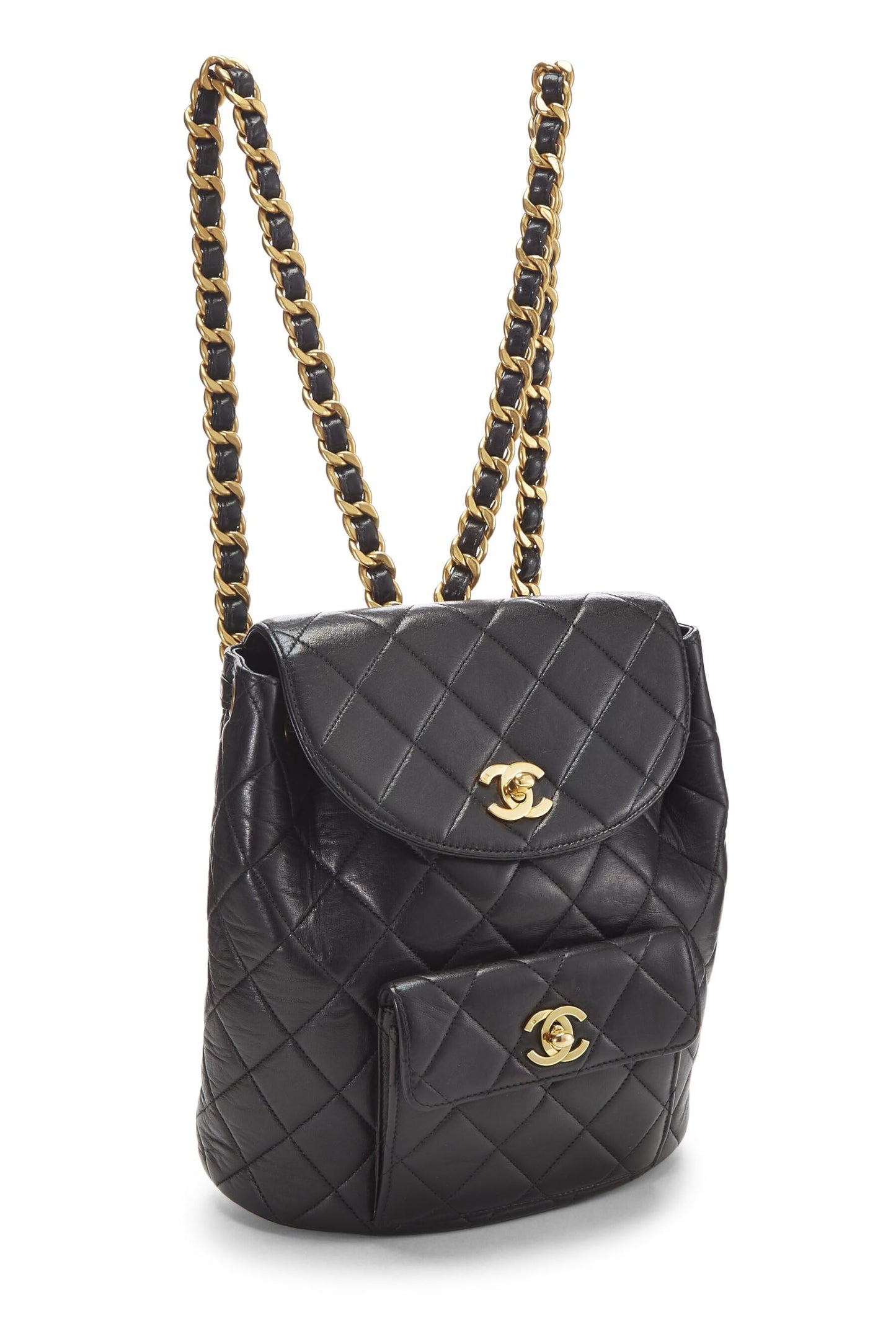 Chanel, Mochila clásica mediana 'CC' de piel de cordero acolchada negra Pre-Loved, Negro