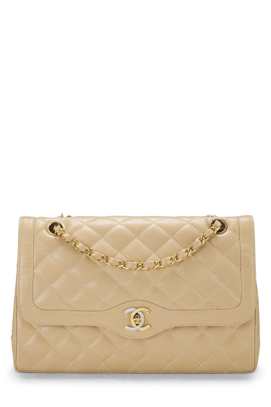 Chanel, sac à rabat double en cuir d'agneau matelassé beige d'occasion, édition limitée, taille M, beige