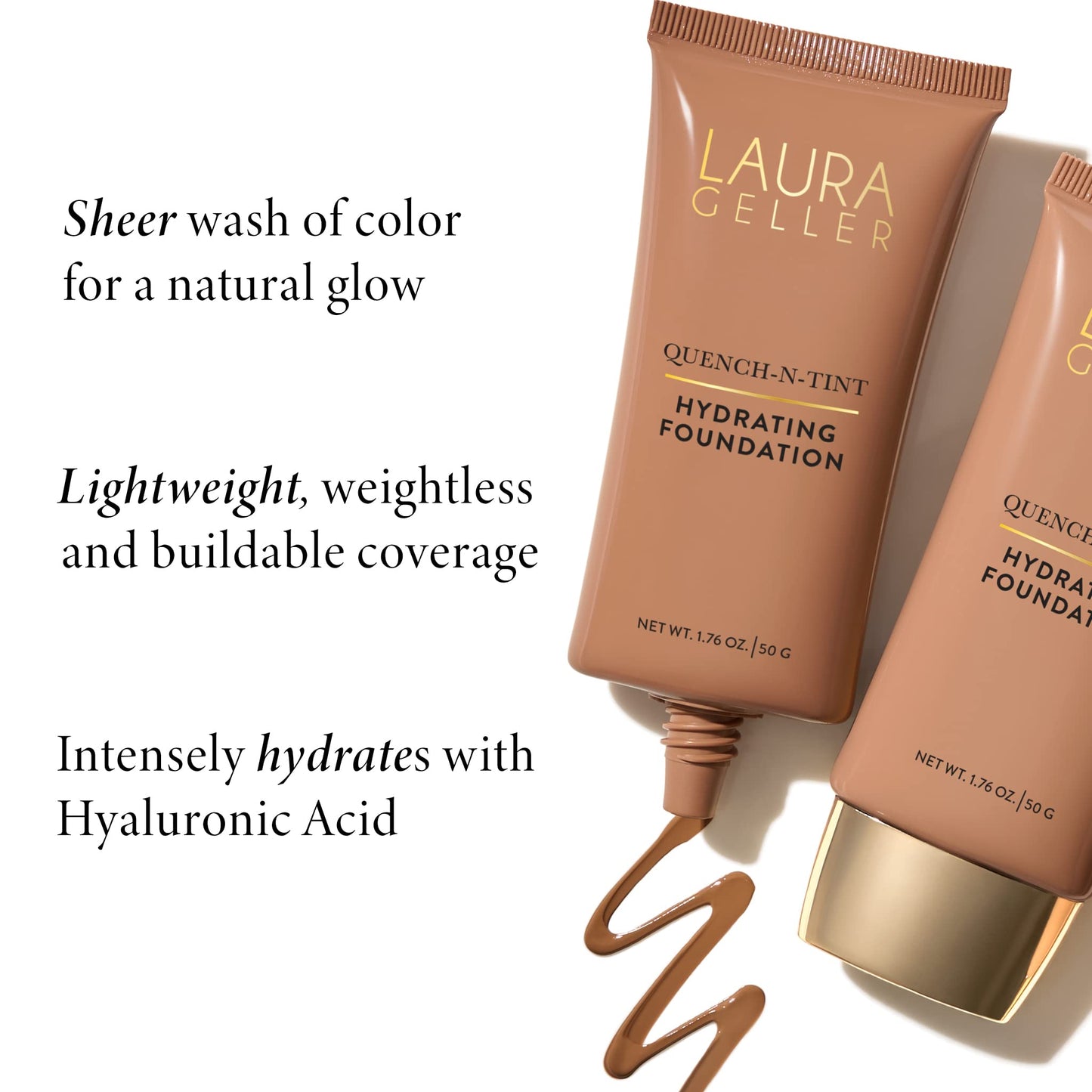 LAURA GELLER NEW YORK Base de maquillaje hidratante Quench-n-Tint - Ligera/media - Cobertura modulable de translúcida a ligera - Acabado con brillo natural - Fórmula ligera con ácido hialurónico