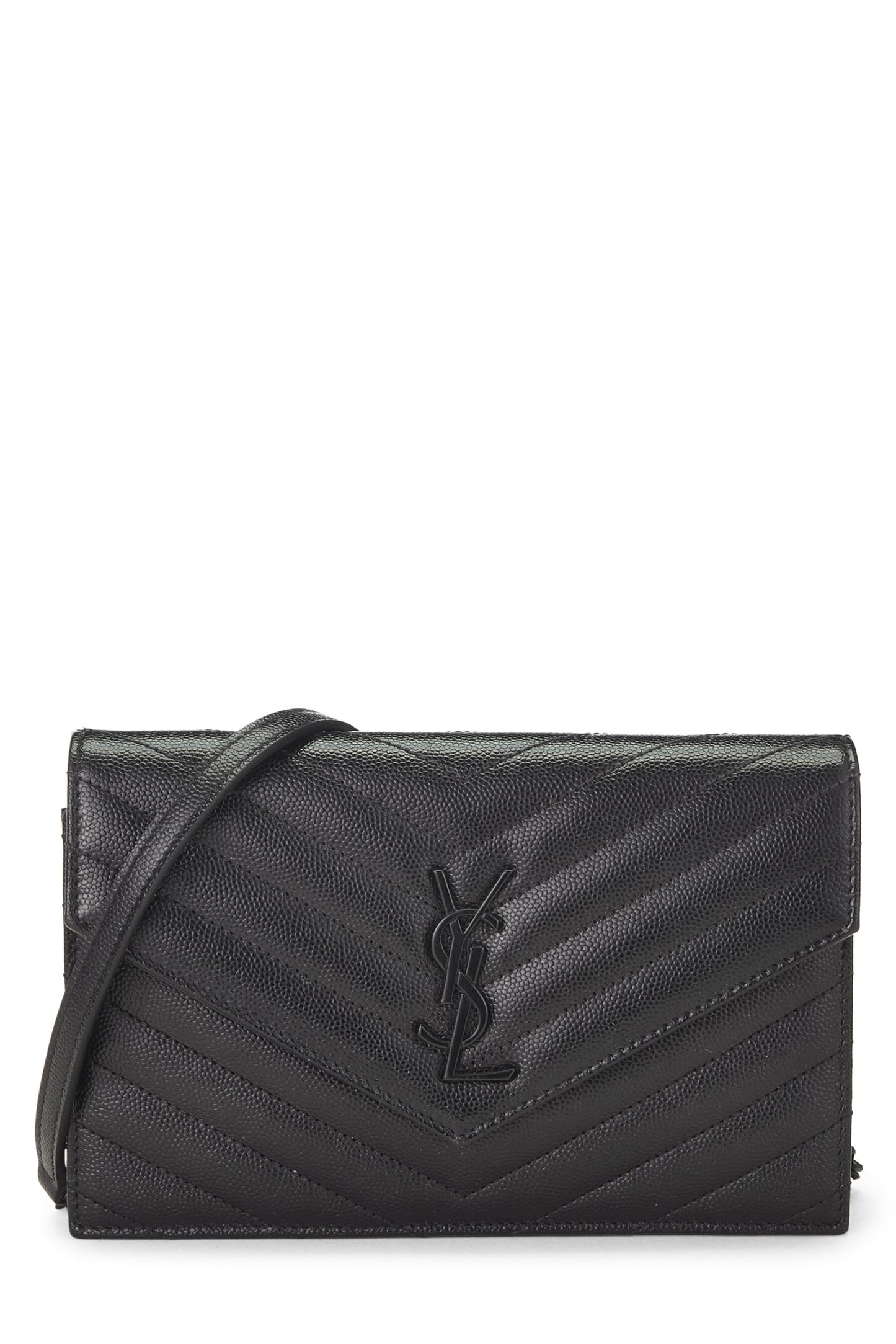 Yves Saint Laurent, Pre-Loved Black Grained Calfskin Envelope Wallet On Chain (WOC), Black