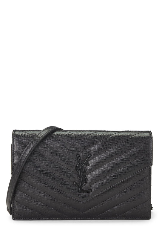 Yves Saint Laurent, Cartera tipo sobre con cadena de piel de becerro granulada negra Pre-Loved (WOC), Negro