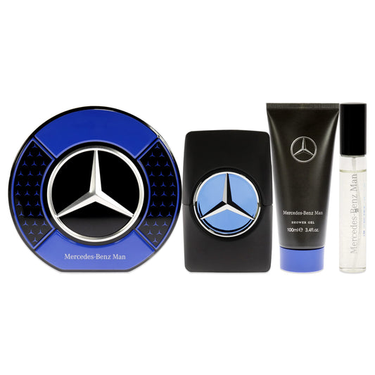 Mercedes-Benz Man Gift Set Perfumes for Men - Contains 0.5 oz and 3.4 oz of EDP Spray and 3.4 oz of Shower Gel - Aromatic Woody Fruity Scents - Opens with Notes of Ambrette Seeds and Pear - 3 pc