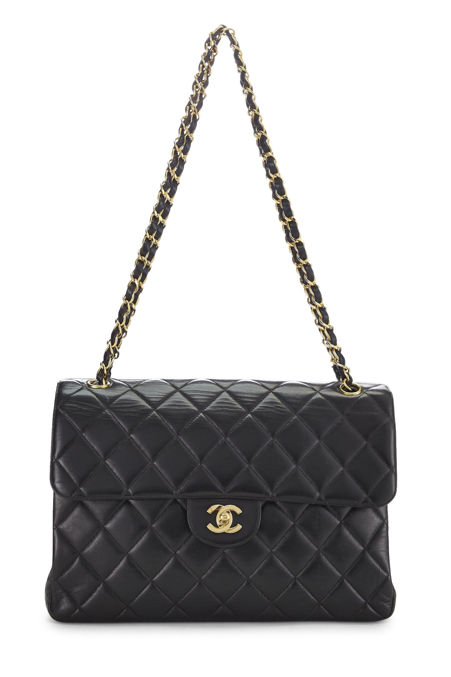 Chanel, Jumbo con solapa clásica de doble cara acolchada de piel de cordero negra Pre-Loved, Negro