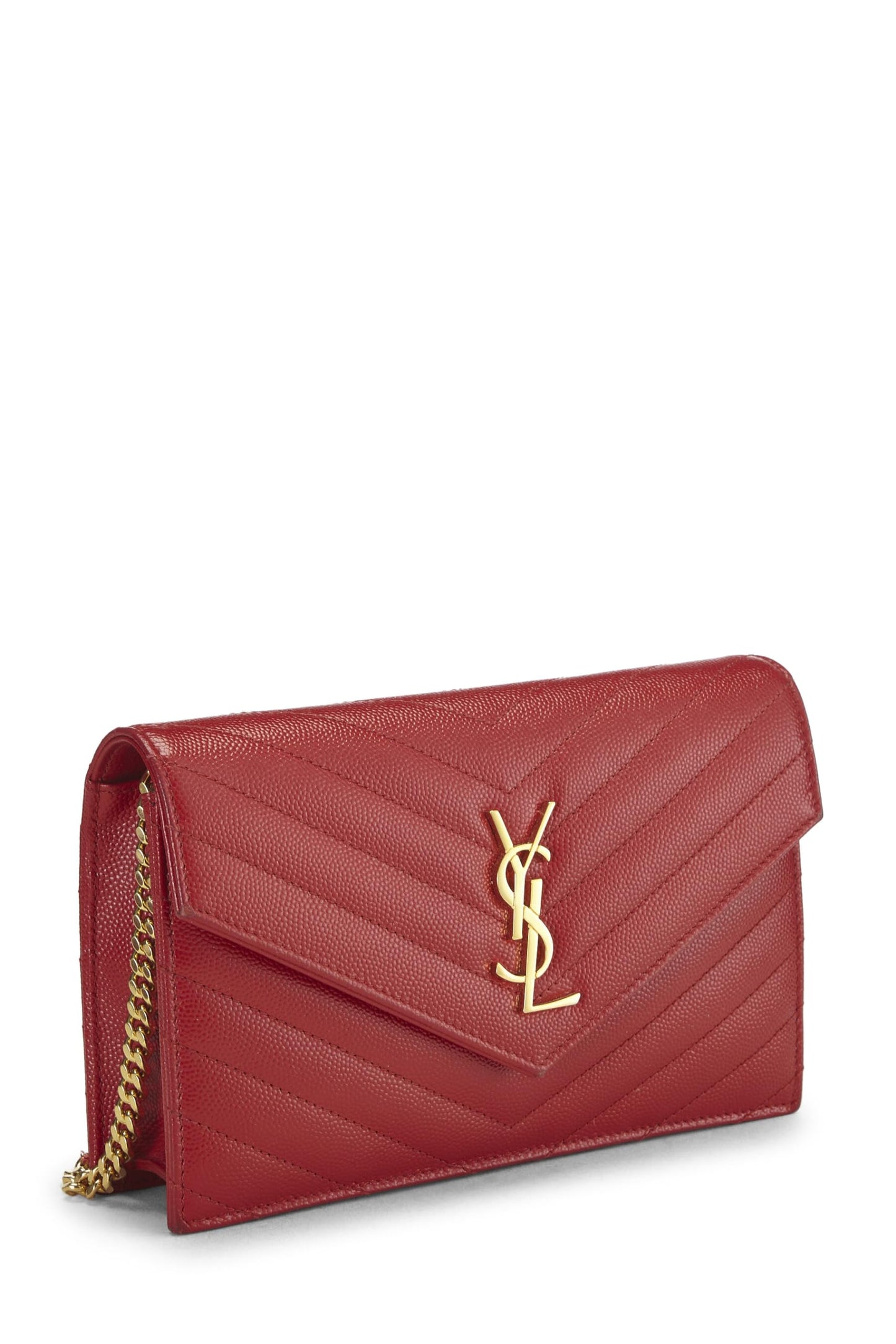 Yves Saint Laurent, Cartera con cadena tipo sobre de piel de becerro granulada roja Pre-Loved (WOC), Rojo