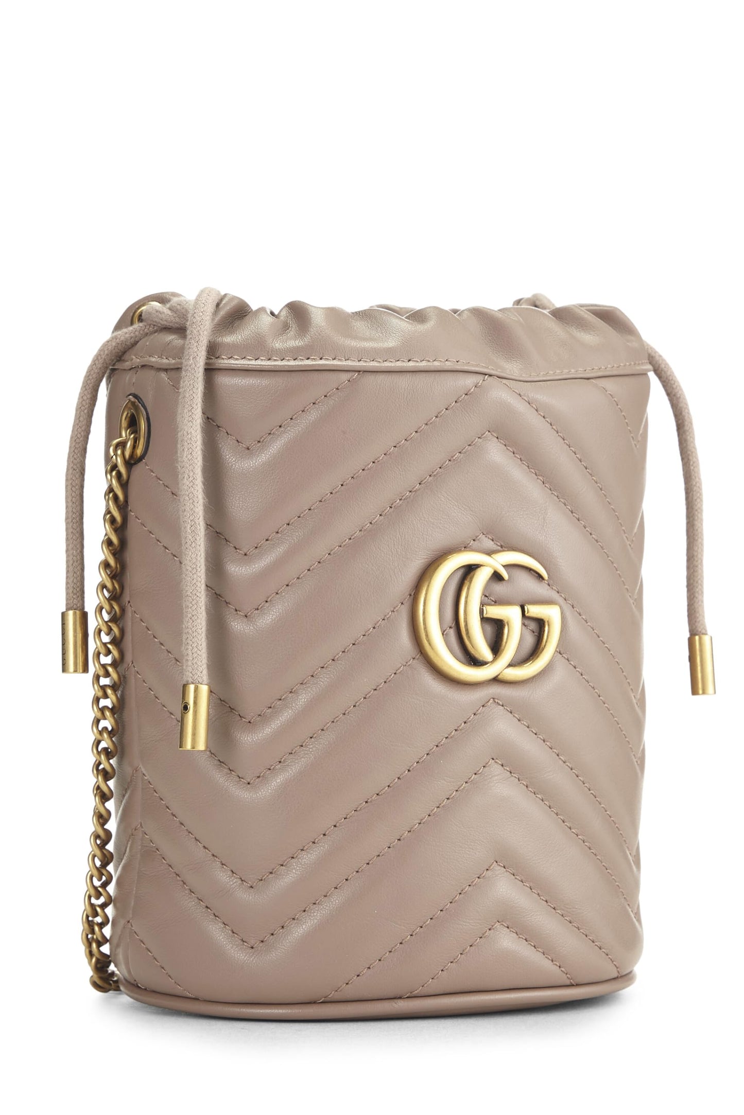 Gucci, sac seau à chaîne « GG » Marmont en cuir beige d'occasion, petit modèle, beige