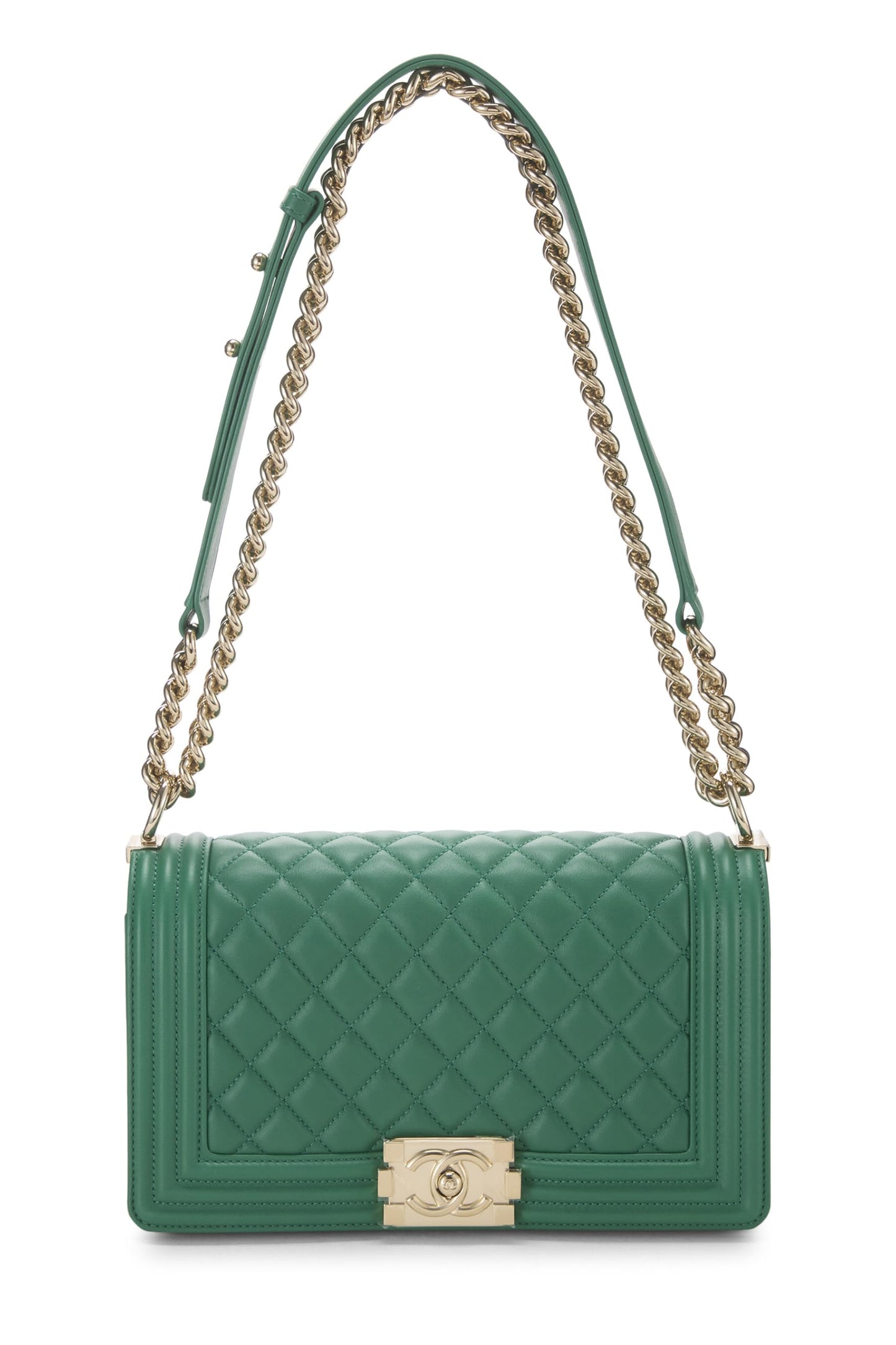 Chanel, sac Boy en cuir d'agneau matelassé vert, taille moyenne, d'occasion