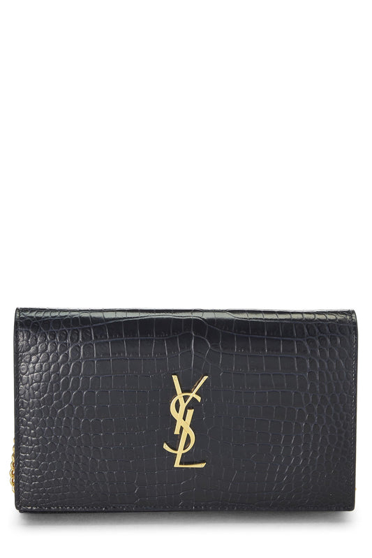 Yves Saint Laurent, Pre-Loved Navy Embossed Cassandra Monogram Wallet on Chain (WOC), Navy