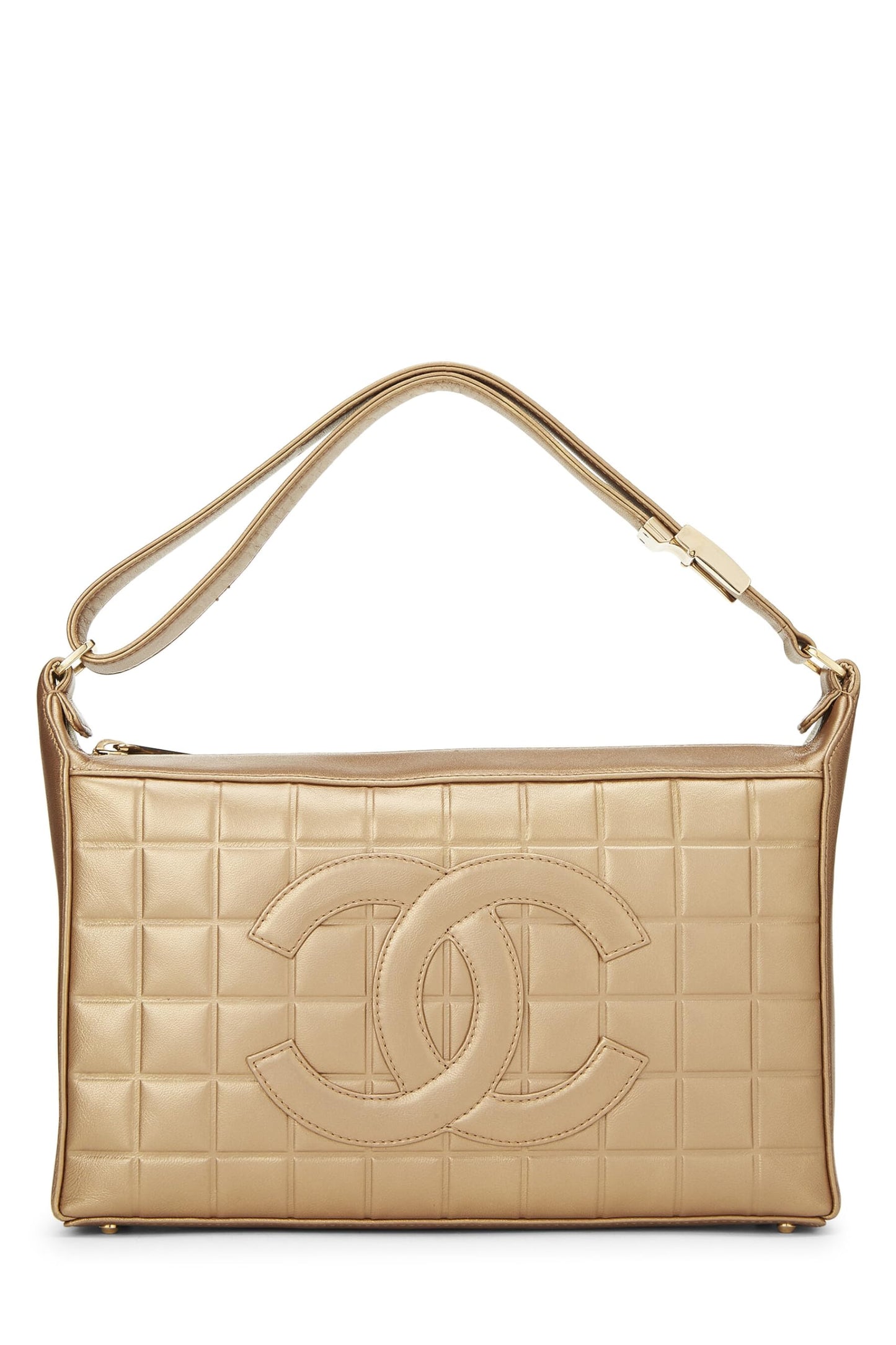 Chanel, sac à bandoulière en cuir de veau doré à motif chocolat, d'occasion, doré