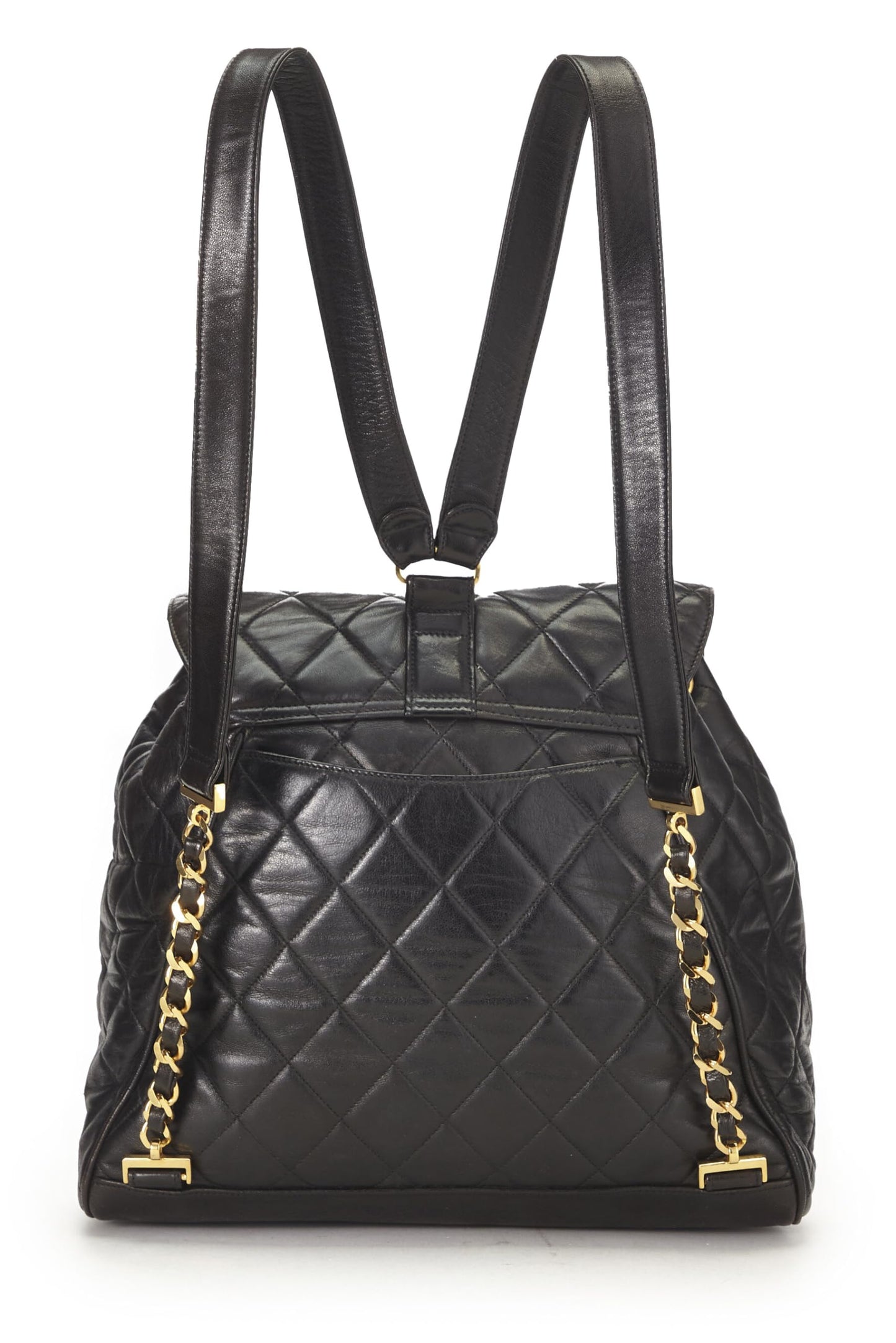 Chanel, sac à dos matelassé en cuir d'agneau noir d'occasion, grand modèle, noir