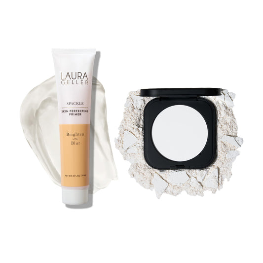 LAURA GELLER NEW YORK Matte Prime + Set Duo: Spackle Super-Size Skin Perfecting Makeup Primer, Brighten-n-Blur & Matte Maker Advanced Transulent Oil Blotting Powder